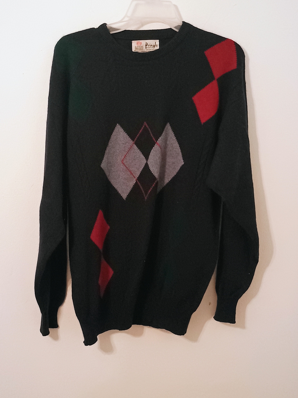 Pringle of Scotland Navy Argyle Crewneck Sweater with Red & Gray Accents Mens S